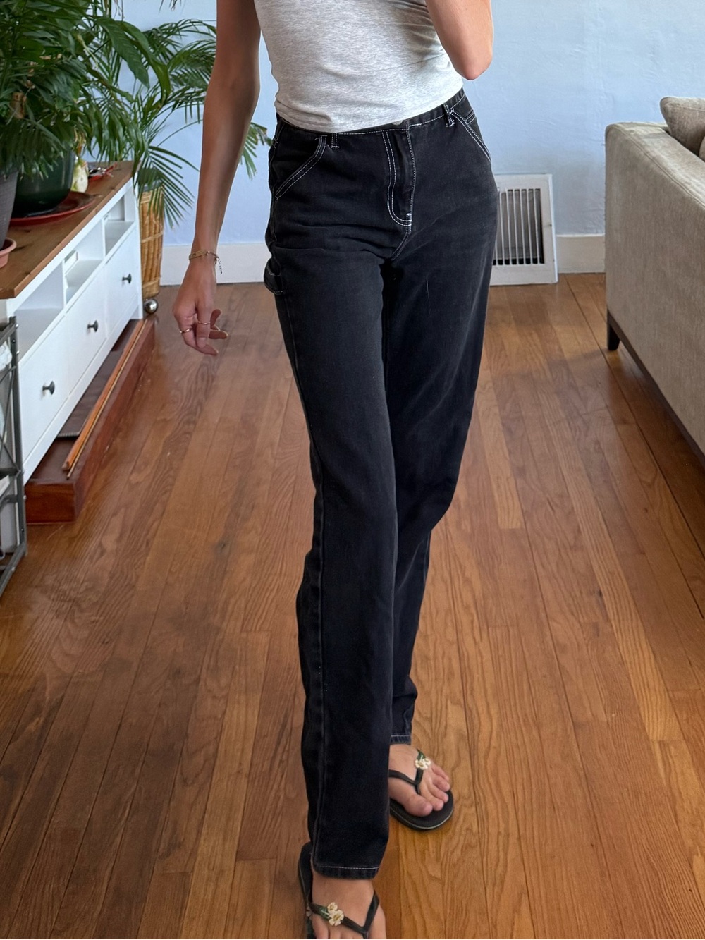 High-Rise Straight Leg Women's Jeans in Black, with White Trim, Cargo Denim